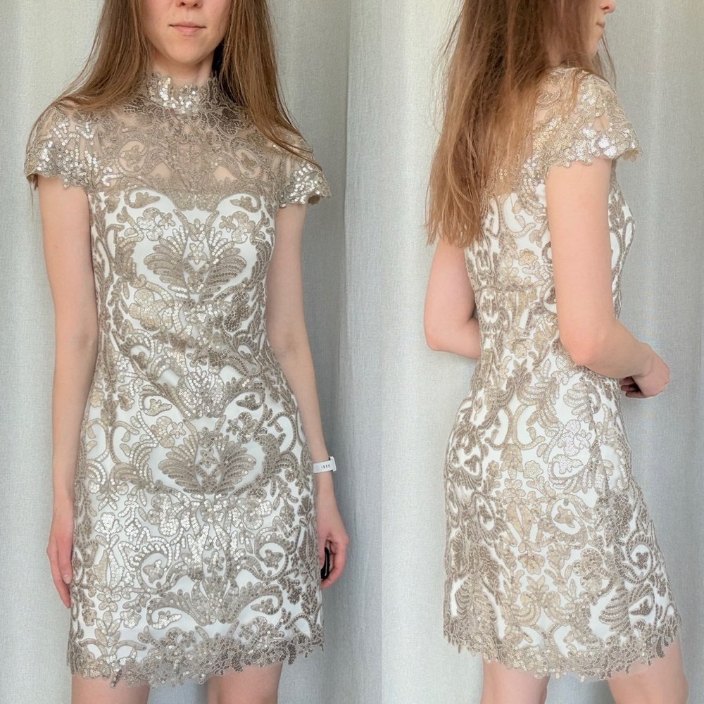 Tadashi Shoji Corded Beige Crewneck Short Sleeve Mini Dress S (4)